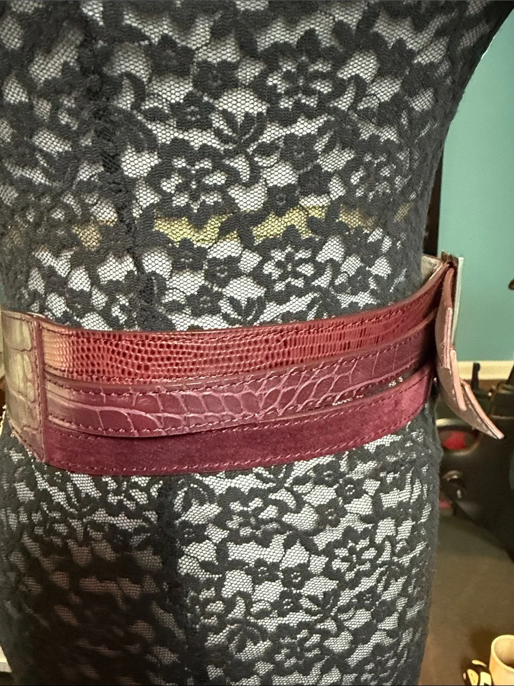 White House Black Market Burgundy Multi-Texture Wide Waist Belt with Gold Buckle